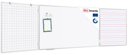 Tablica biała szkolna suchościeralna magnetyczna typu "tryptyk" 100x170 // 340 cm z NADRUKIEM kratka oraz trójlinia
