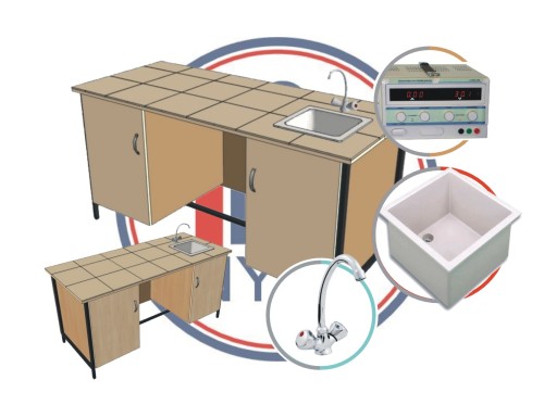 Stół laboratoryjny NYSA na stelażu, ze zlewem i zasilaczem - stół dla nauczyciela do pracowni