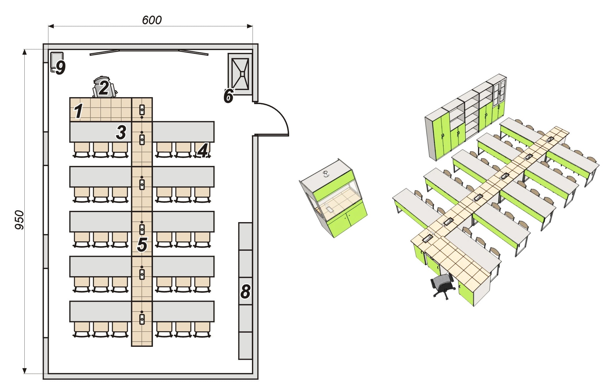 Pracownia chemiczna 30 stanowiskowa kanał z mediami