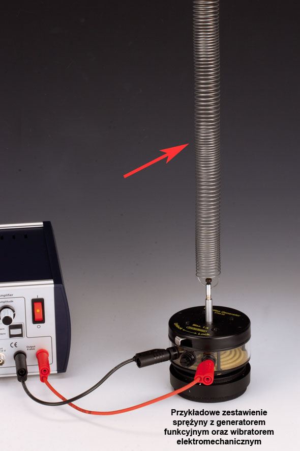 Wibrator elektromechaniczny w zestawieniu z generatorem funkcyjnym oraz sprężyną spiralną